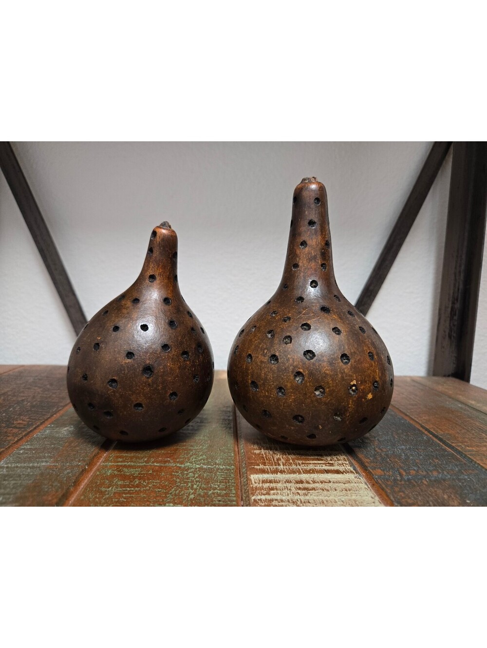 Vintage African Gourd Rattles Maracas Sub-Saharan Tribal Art Signed Set of 2